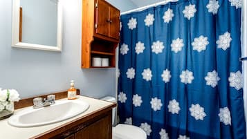 Hair dryer, towels, soap, shampoo