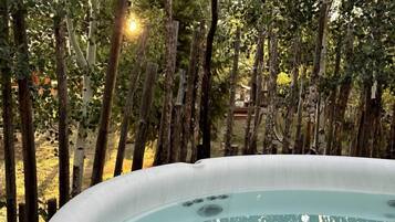 A hot tub surrounded by trees.