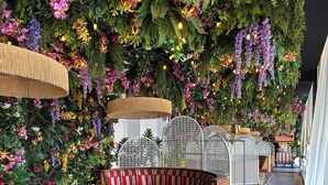 Un espace extérieur luxueux, aménagé pour se détendre, avec un mur floral éclatant en arrière-plan, des meubles en osier et un style moderne.