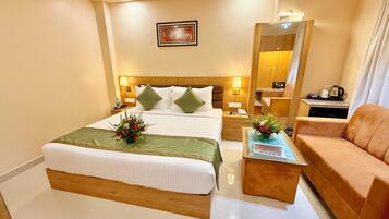 Premium bedding, desk, laptop workspace, free WiFi