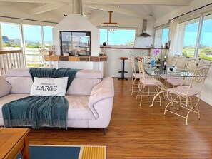 Télévision, cheminée, table de tennis de table, livres