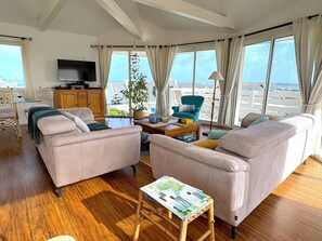 Télévision, cheminée, table de tennis de table, livres