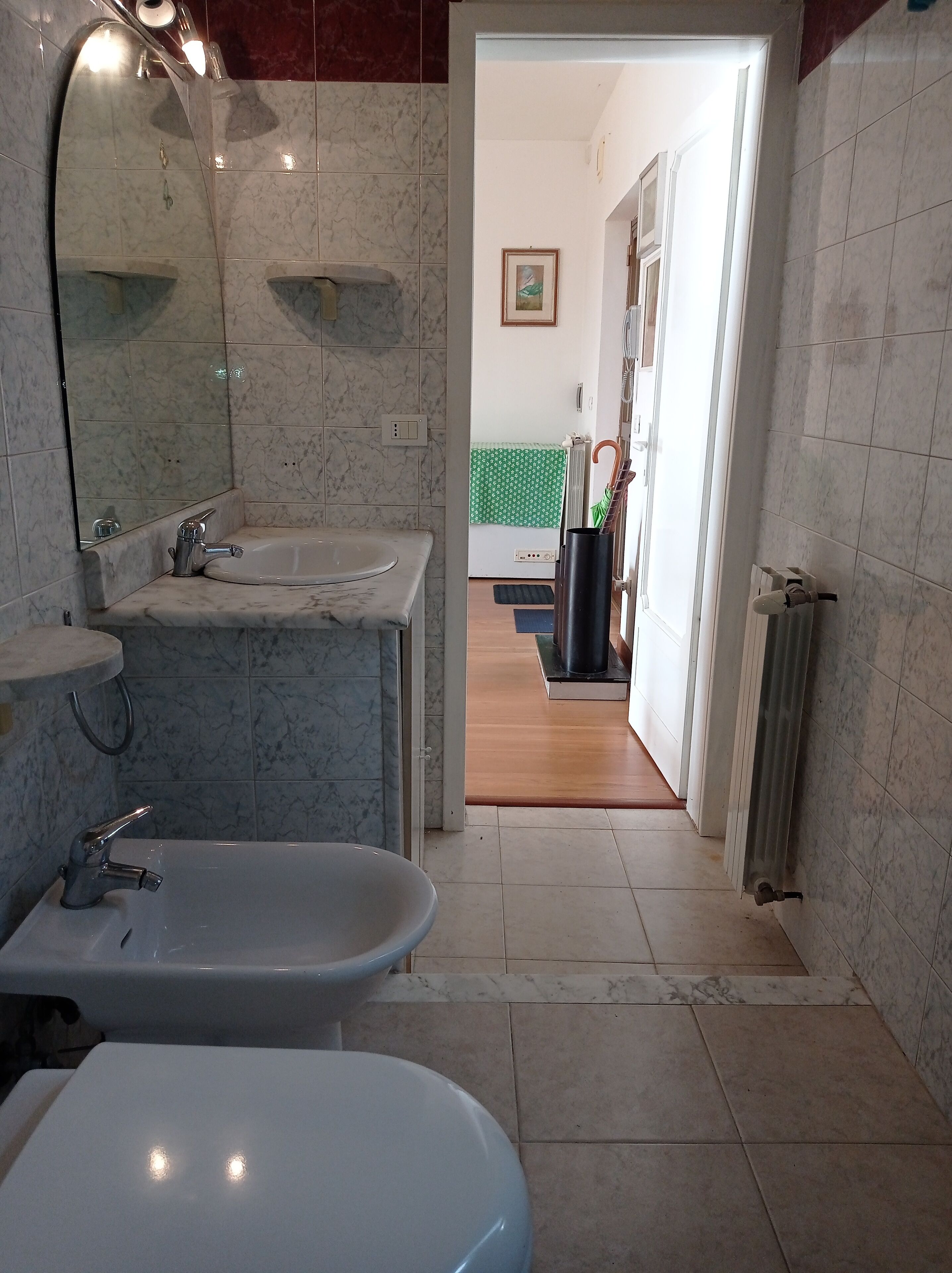Hair dryer, bidet, towels, soap