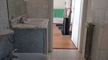 Hair dryer, bidet, towels, soap