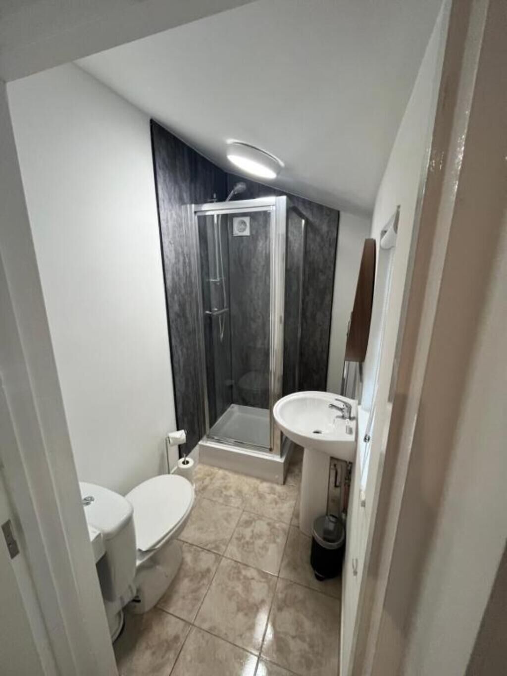 A small bathroom with a toilet, sink, and shower.