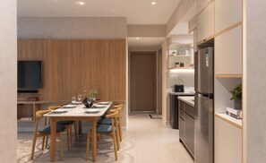 Premium Apartment, 3 Bedrooms, Bathtub, City View | Private kitchen | Fridge, microwave, oven, stovetop - Zenity Apartment Luxury Ruby (Ho Chi Minh)