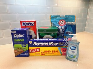 Various food packaging items on a kitchen counter.
