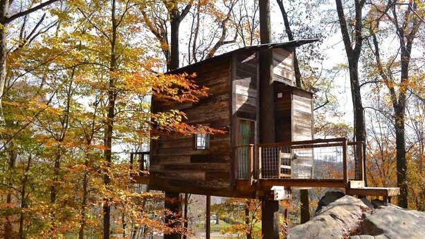A wooden treehouse with a balcony, surrounded by autumn foliage. - Secluded Tree House in the Forest near the Appalachian Mountains, Georgia (Flintstone)