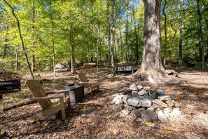 A campsite with wooden chairs, a fire pit, and a large tree.