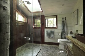 Une salle de bain avec douche, toilettes et lavabo.