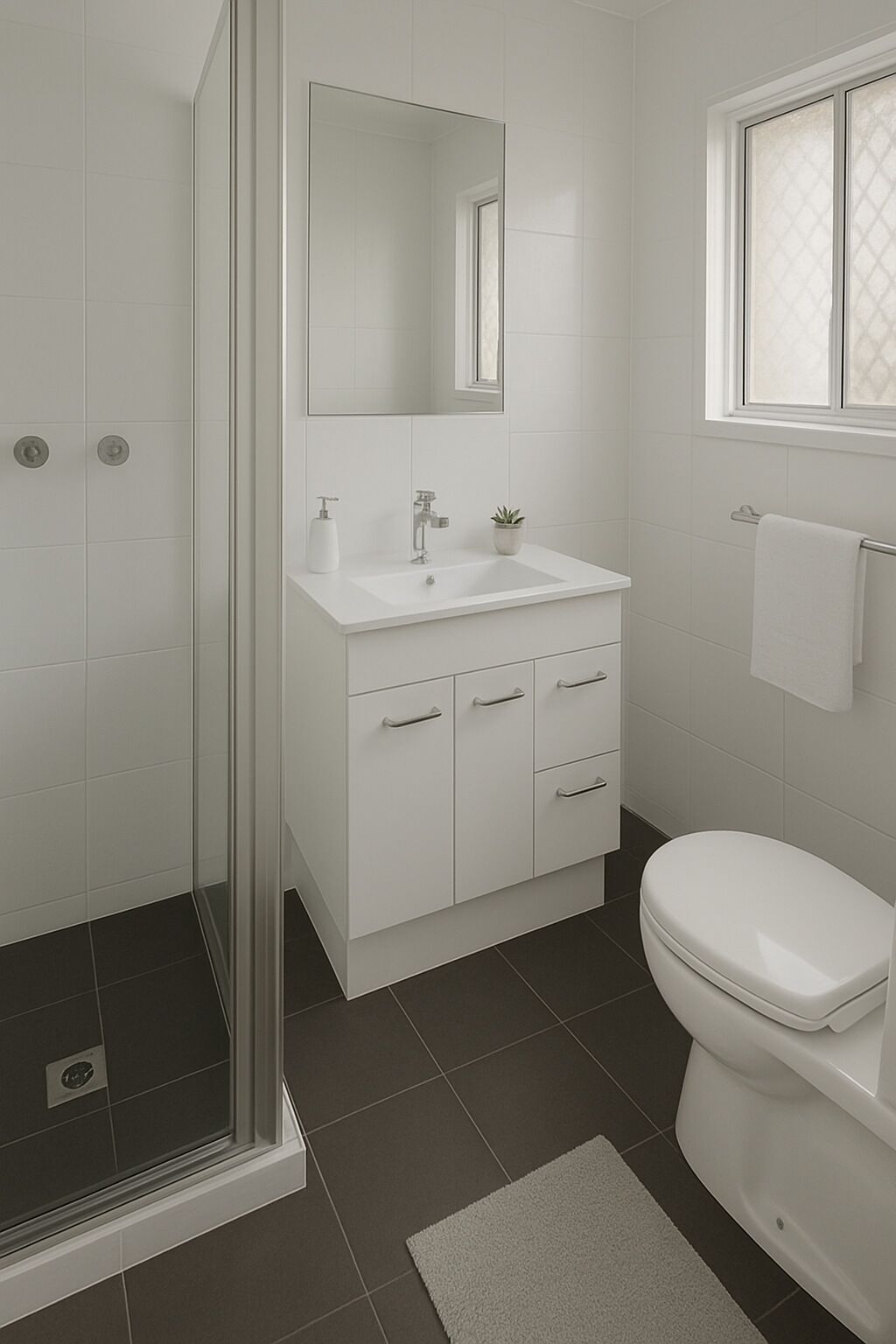 Suihku, hiustenkuivaaja, pyyhkeet, saippua