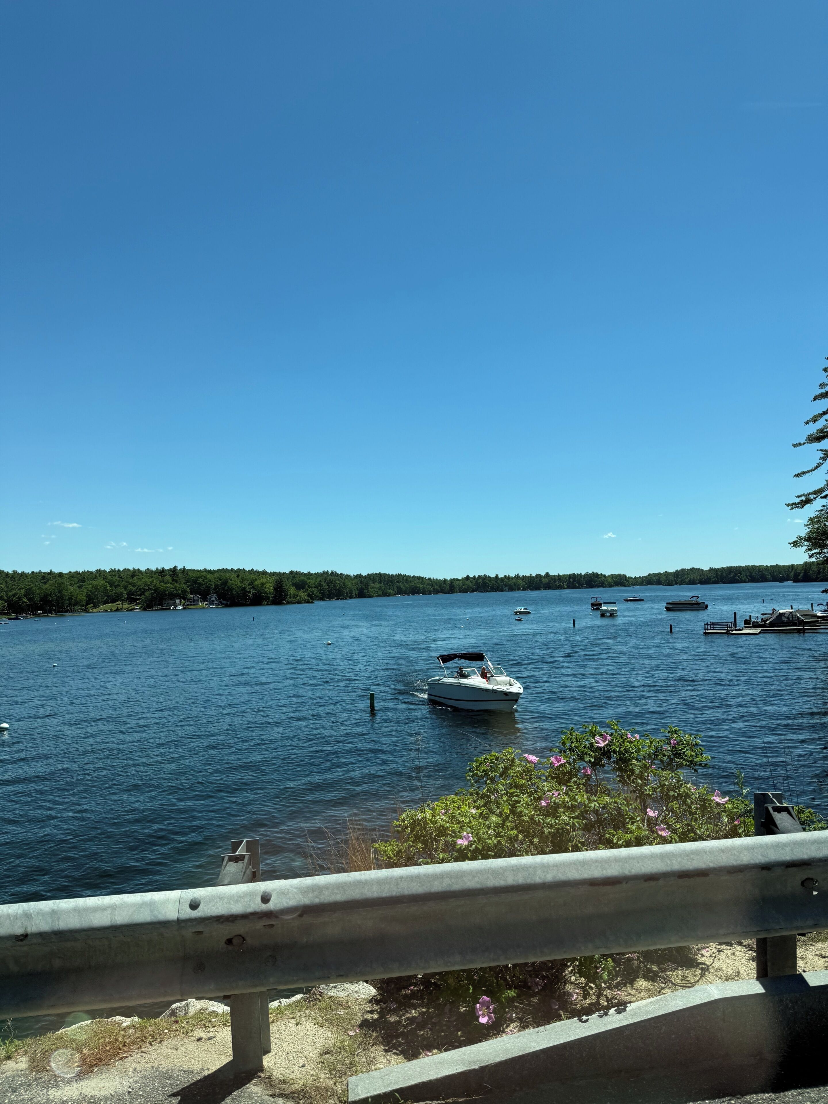 Un lac avec des bateaux, un quai et une rive bordée d’arbres.