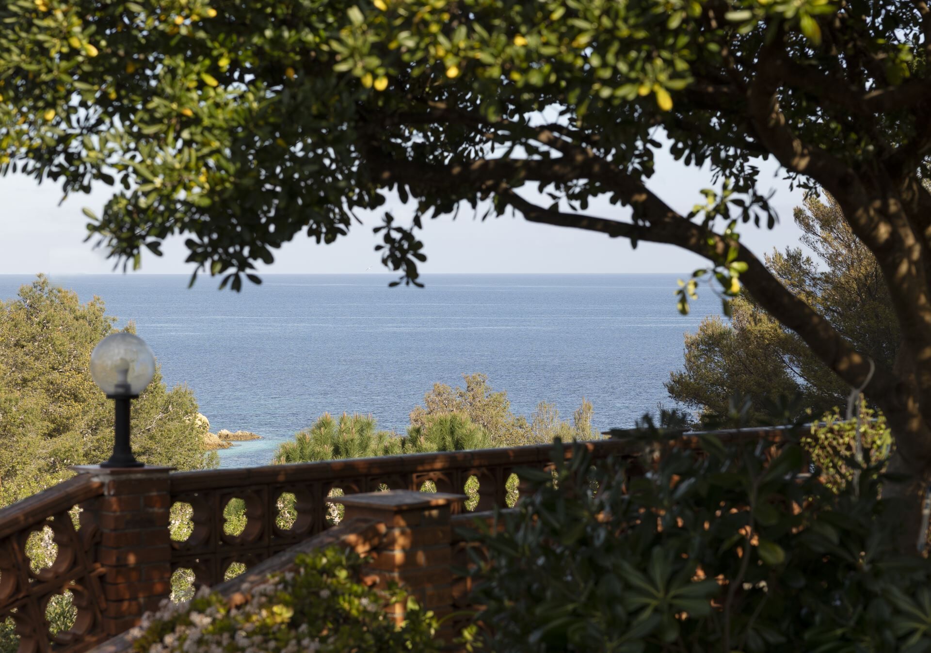 Een uitzicht op de kust met een stenen balustrade, een lantaarnpaal en weelderige begroeiing.