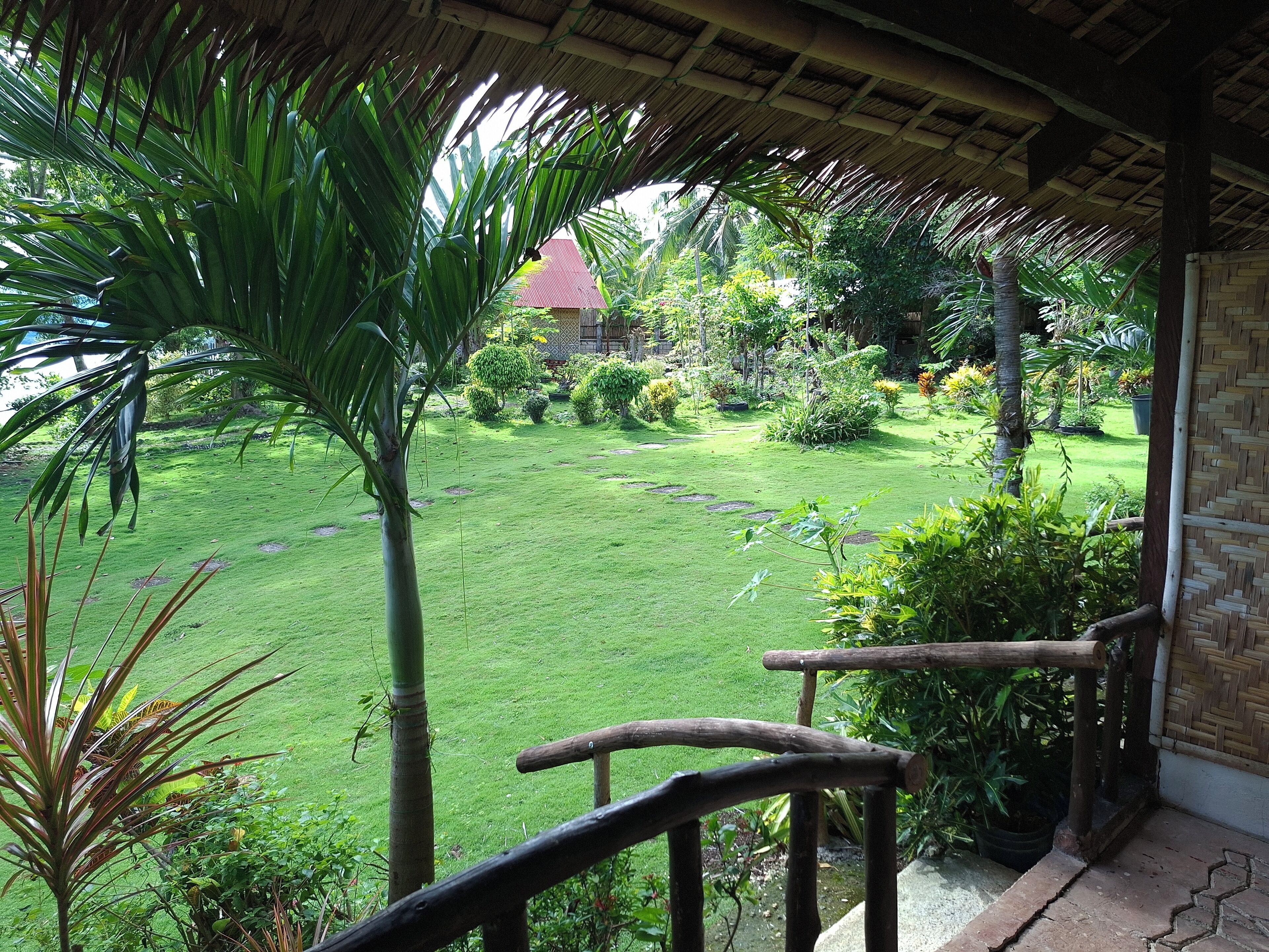 Un espace extérieur abrité, doté d’une rambarde en bois, d’une pelouse verdoyante et luxuriante, et de diverses plantes tropicales.