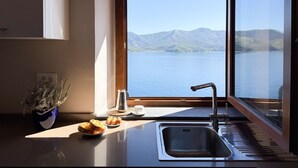 Eine Küche mit Blick auf einen See und Berge, inklusive Spüle, Kaffeemaschine und einer Pflanze.