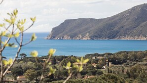 A coastal landscape with a view of the sea, a hill with vegetation, and a village with buildings. - It is located on the ground floor of a building consisting of three terraced houses. ' It consists o (Capoliveri)