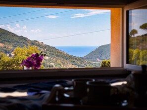 Habitació amb vista a un paisatge costaner, finestra amb vista al mar i una gerra amb flors a la finestra.