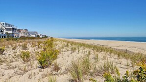 Une propriété située en bord de mer, avec une plage de sable et une végétation de dune.