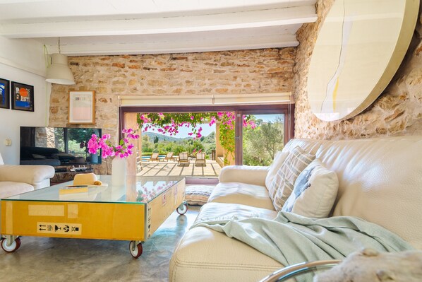 TV, fireplace - Can Pessal mountain holiday house with private pool near Es Carritx Mallorca (Felanitx)
