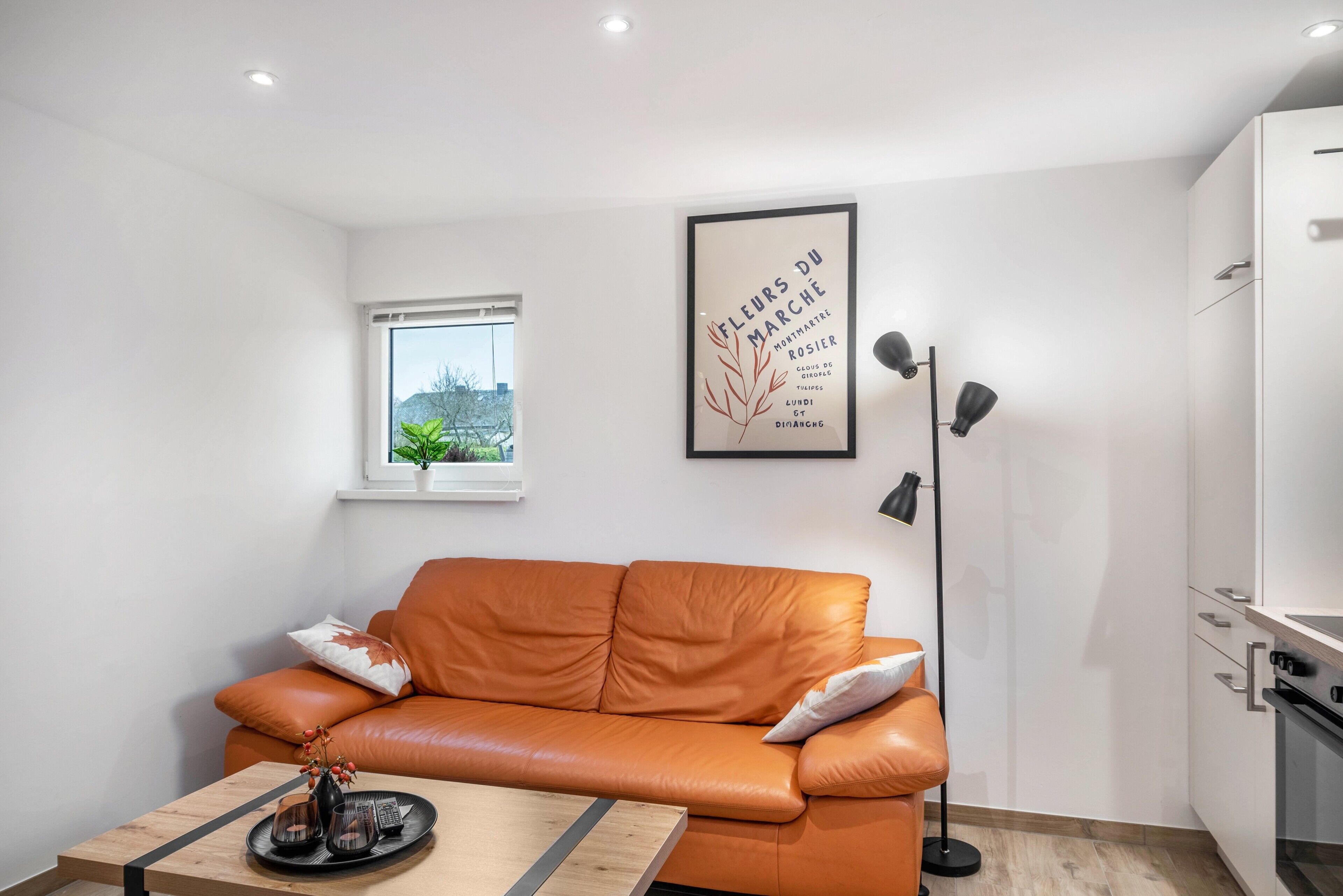 Una sala moderna con un sofá de cuero, una mesita, una lámpara de pie, una ventana con vistas y un cuadro enmarcado en la pared.