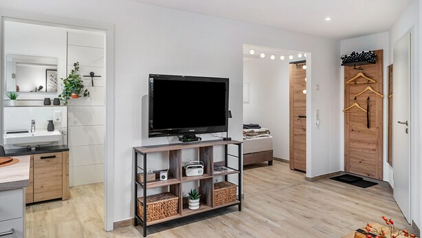 A modern living room with a flat-screen TV, wooden furniture, a mirror, and a small plant.