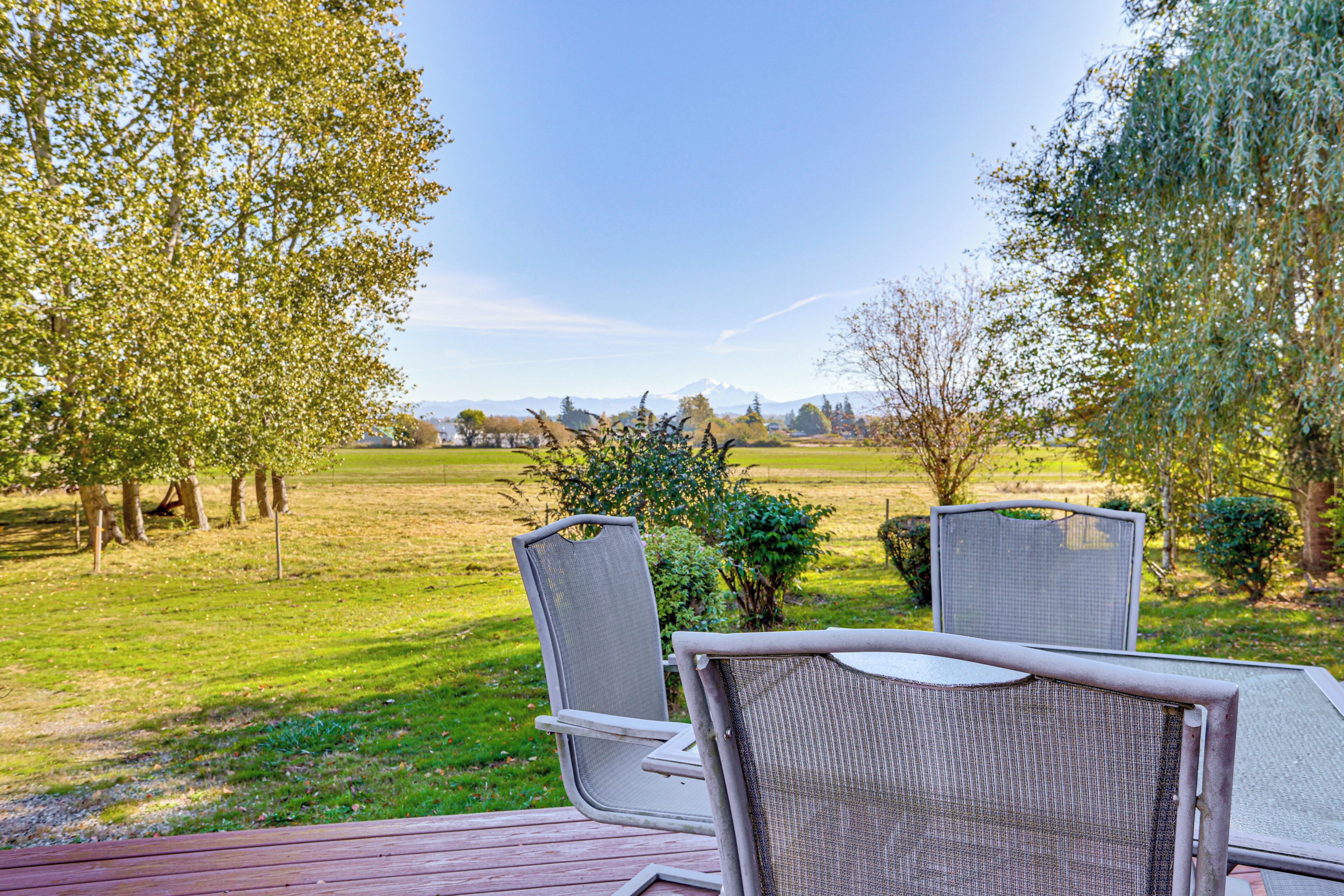 Een terras met twee stoelen gericht op een grasveld en bomen, met een berg op de achtergrond.