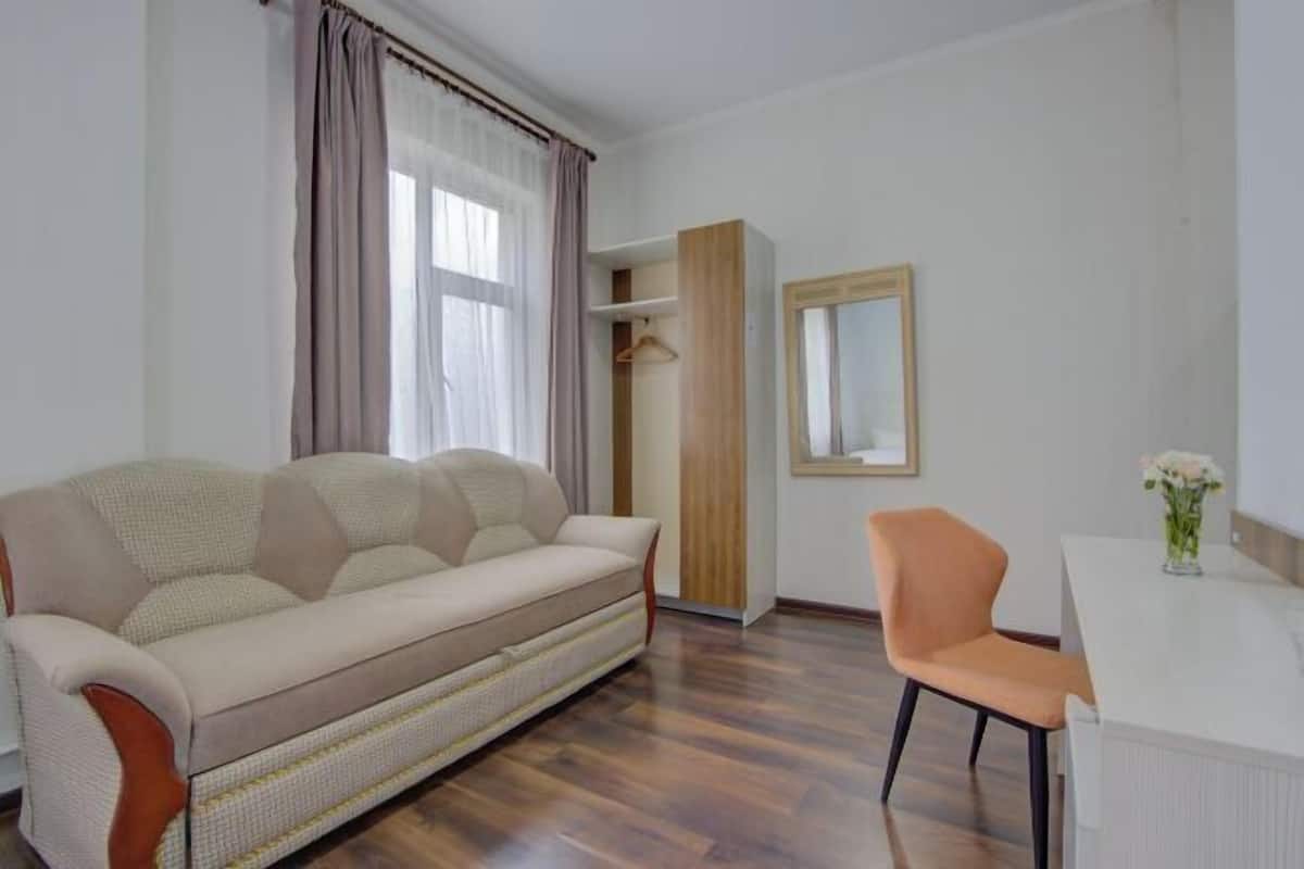 A room with a sofa, a chair, a wooden wardrobe, a mirror, and a radiator.
