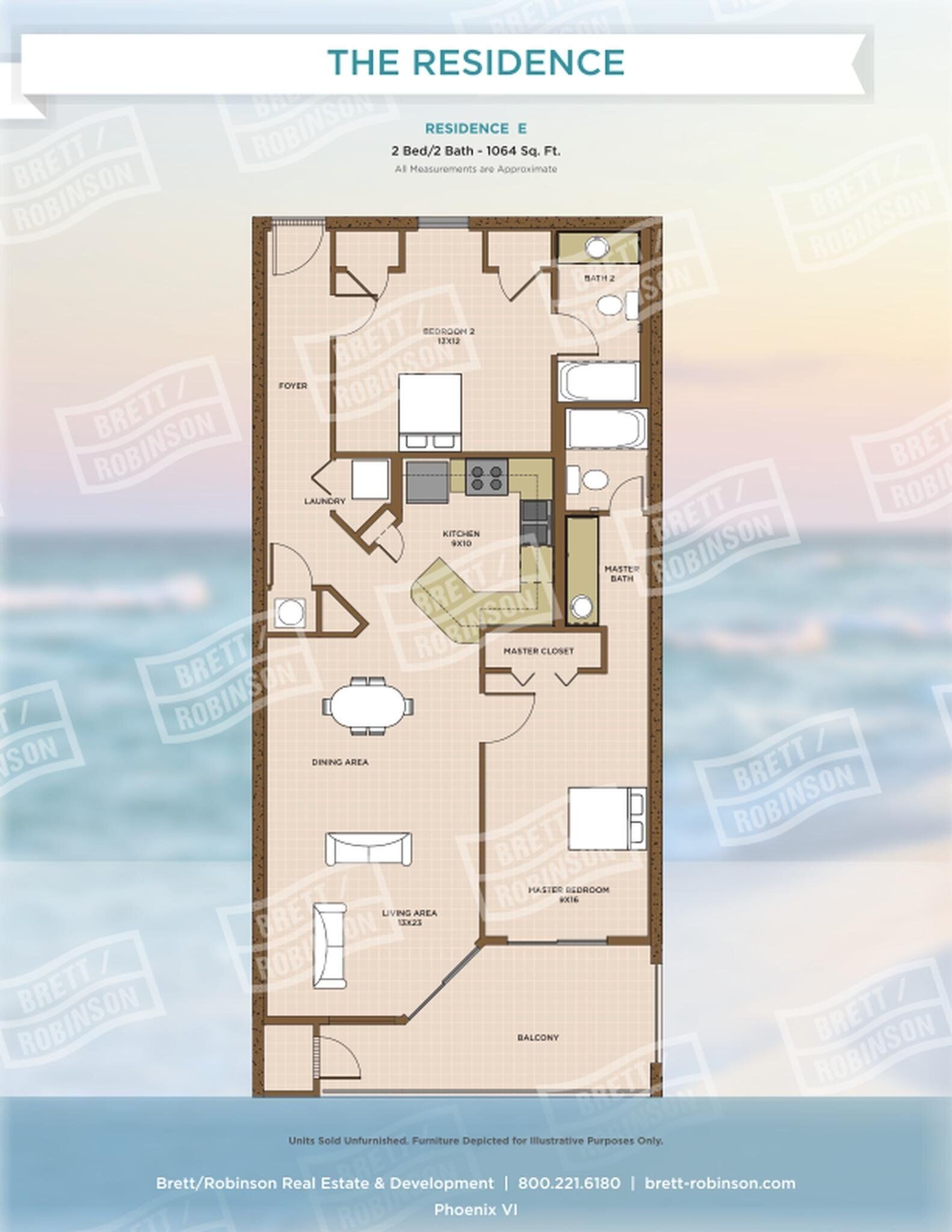A floor plan of a 2-bedroom, 2-bathroom residence with a balcony, kitchen, dining area, living area, master bedroom, master bathroom, and a foyer.