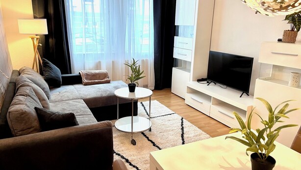 A modern living room with a sectional sofa, a small round table, a TV stand, and a potted plant. - 300 MBit WLAN | directly at Marienplatz | first floor | subway (Stuttgart)