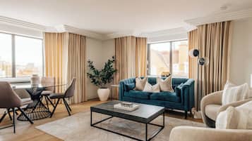 Deluxe Apartment, 2 Bedrooms, Kitchen | Living area | 43-inch Smart TV with digital channels