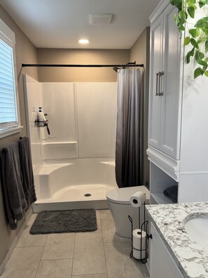 Shower, hair dryer, bidet, towels