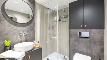 Shower, hair dryer, towels