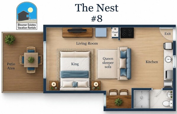 Grundriss eines Ferienunterkommens mit Terrasse, Wohnzimmer, Schlafsofas für ein Kingsize- und Queensize-Bett sowie einer Küche und einem Ausgang.