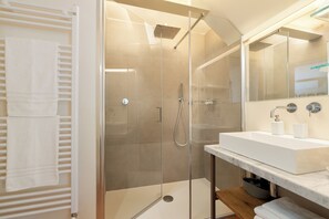 Shower, hair dryer, bidet, towels