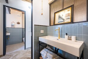 Shower, hair dryer, bidet, towels