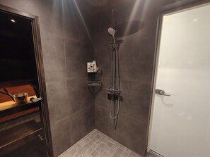 Regadera, secadora de cabello, bidet, toallas 