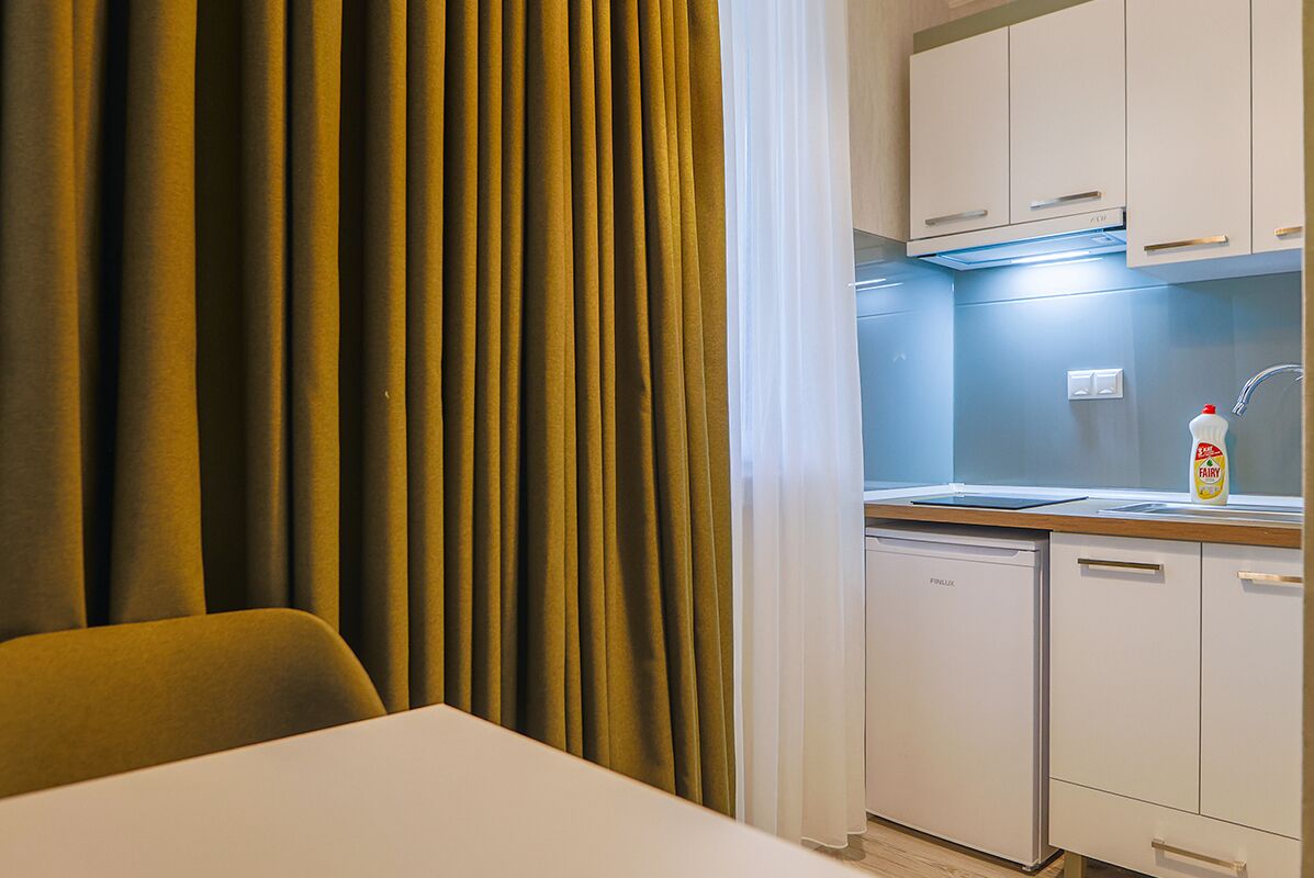 Frigorífico pequeño, placa de cocina y utensilios de cocina