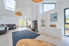A modern living room with a fireplace, a sofa, a dining table, and a large window.