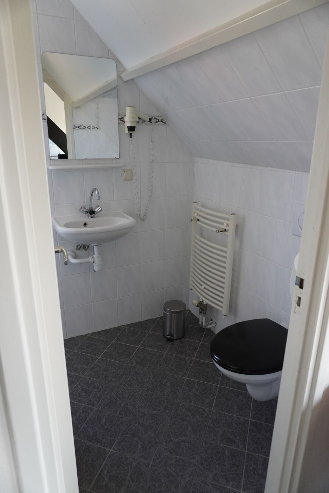 Ein kleines, kompaktes Badezimmer mit einem weißen Waschbecken, einer Toilette und einem Heizkörper.