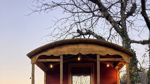 A wooden cabin with a porch, a wooden door, and a window with decorative ironwork. - Charming gypsy caravan in green Provence, at La Mauvaise Herbe, Barjols (Barjols)