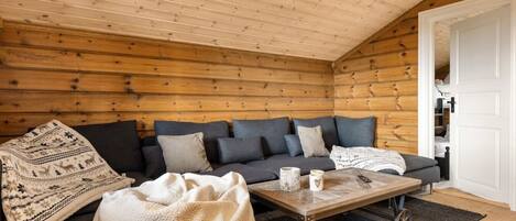 Interior acogedor de una cabaña con techo de madera, un sofá con cojines, una mesa de centro y una manta.