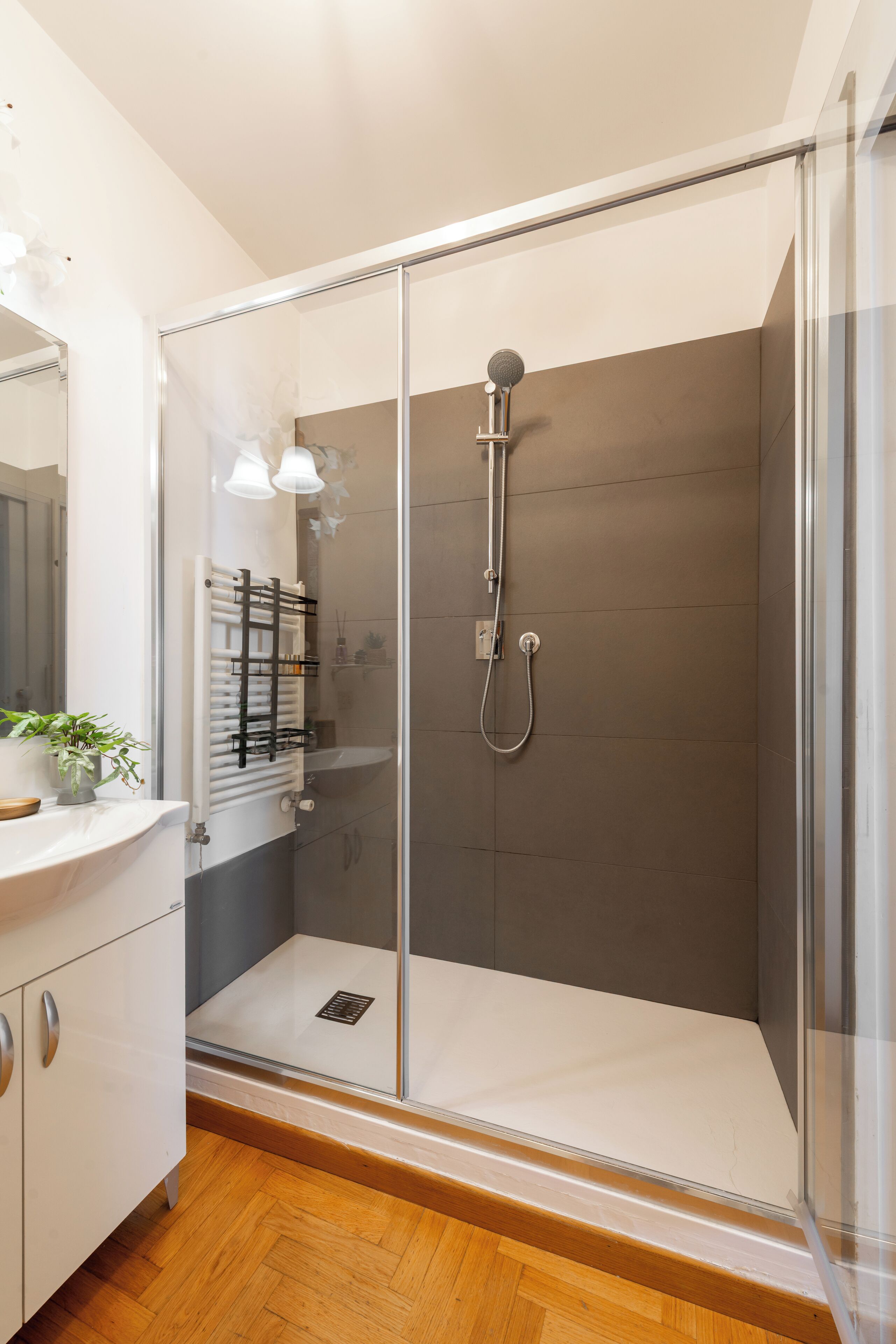 A modern bathroom with a glass-enclosed shower, a white sink with a plant, and a towel rack.