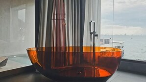 Un recipiente grande y transparente en forma de cuenco sobre un alféizar, con vista a un cuerpo de agua y un horizonte urbano distante.