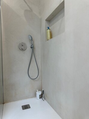 Shower, towels, soap, toilet paper