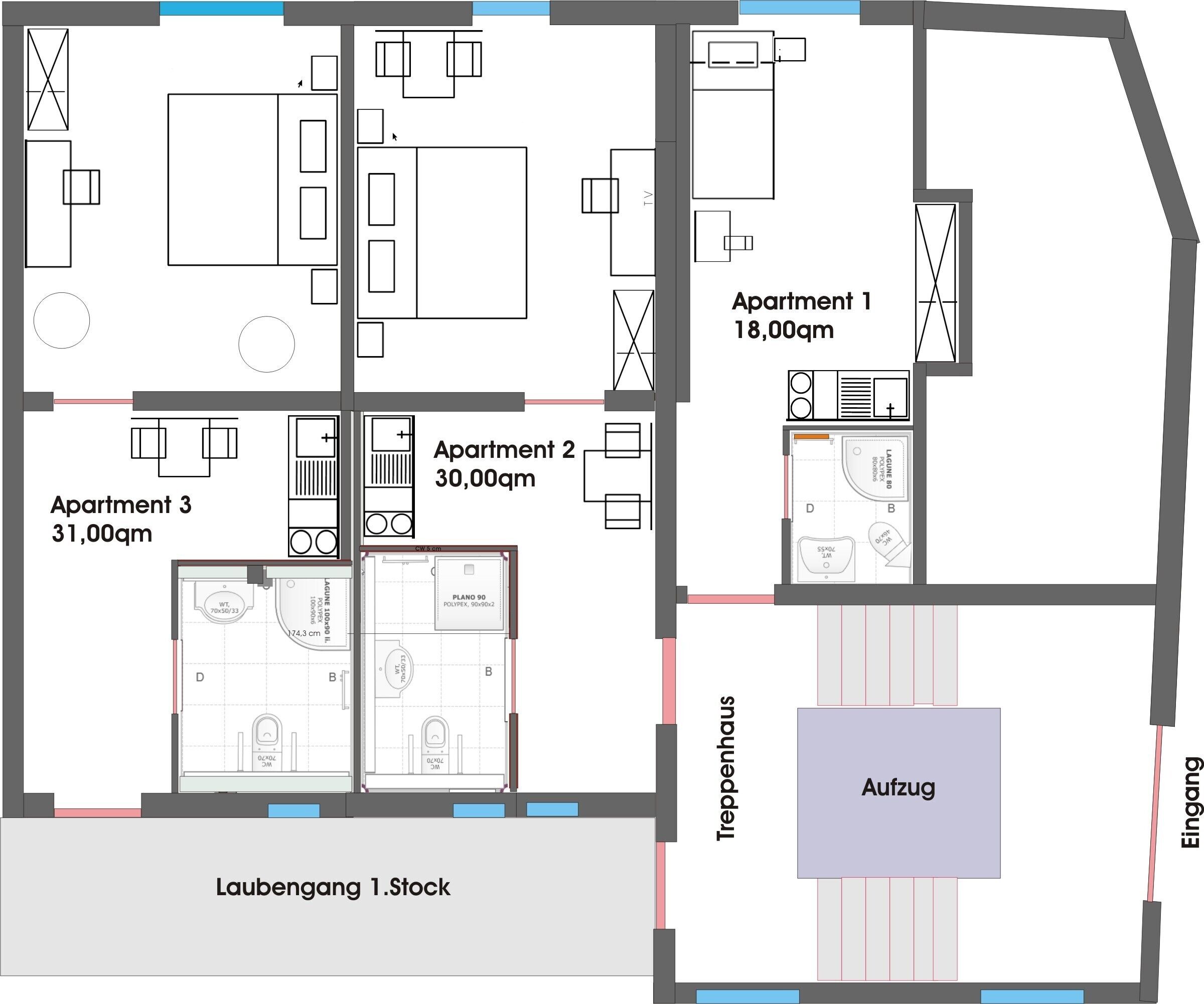 A hotel layout with three apartments, a laundry area, and a reception.