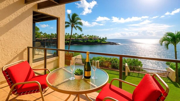 Un balcon avec une table en verre, des chaises rouges et une vue sur l’océan et un paysage tropical.