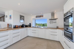 Een moderne keuken met witte kasten, roestvrijstalen apparatuur en een groot raam met uitzicht op groen.