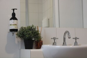 Shower, towels, soap, toilet paper