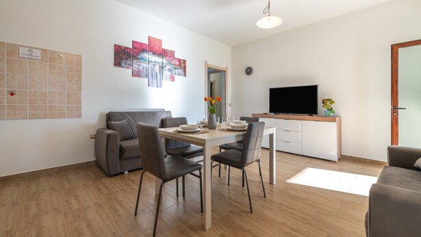 Ein modernes Wohnzimmer mit Essbereich, einer Couch, einem Fernseher und einem kleinen Tisch mit Blumen.