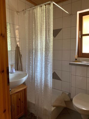 Shower, free toiletries, hair dryer, towels